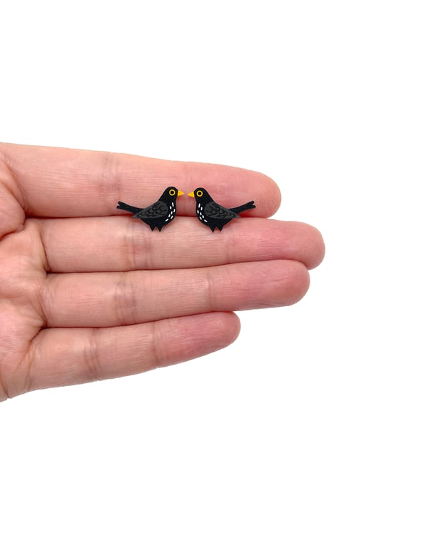 Blackbird Stud Earrings - Handpainted - Bird Earrings