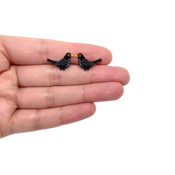 Blackbird Stud Earrings - Handpainted - Bird Earrings