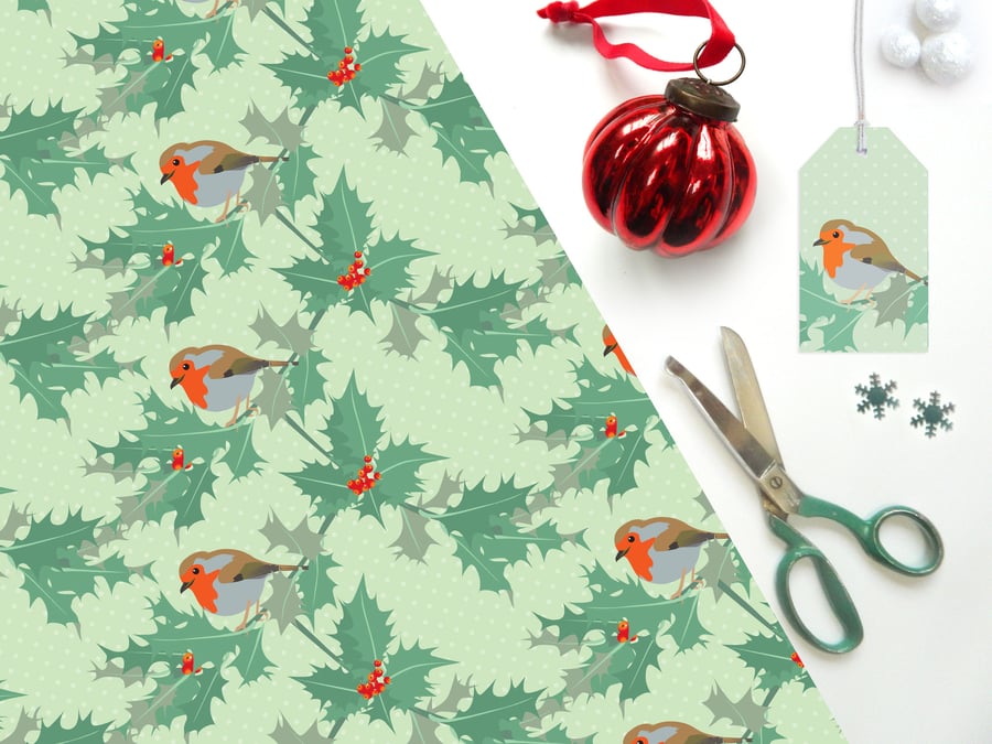 Robin Christmas Gift Wrap - Vintage Style, Eco Friendly, Compostable Paper