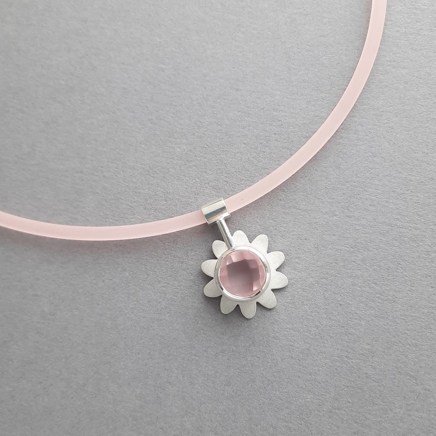 Silver and Rose Quartz Pendant on a Silicon Necklet in a Delicate Pink Hue