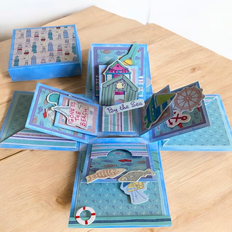 Luxury Handmade Beach Huts & Boats Pop Up Explosion Box Card.