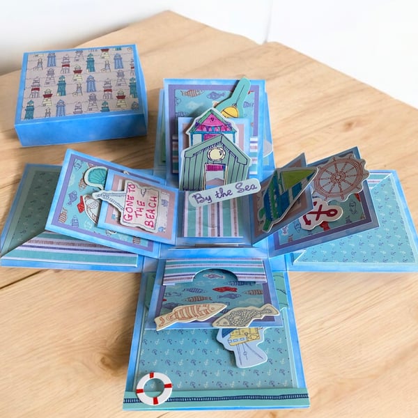 Luxury Handmade Beach Huts & Boats Pop Up Explosion Box Card.