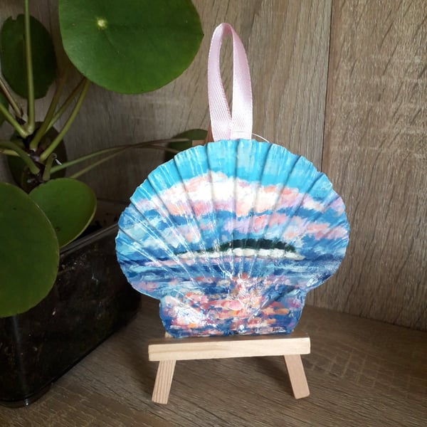 Pastel seascape handpainted shell wall decoration.  