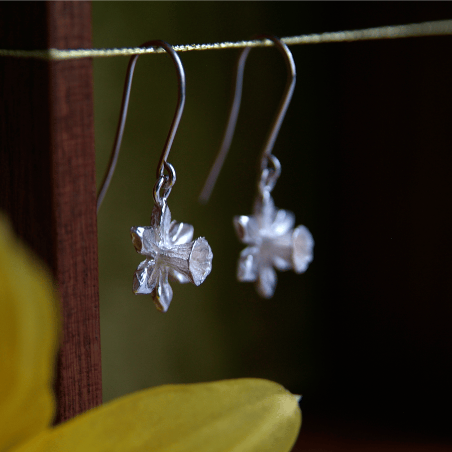 Daffodil Flower Earrings, Silver Flower Drops, Spring Welsh Flower