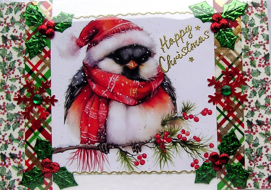 Hand Crafted Decoupage Chistmas Card - Happy Christmas (3362) Robin Wearing Hat
