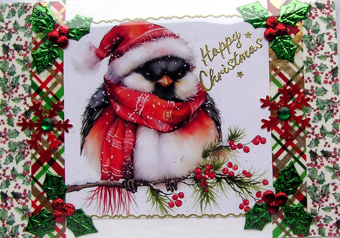 Hand Crafted Decoupage Chistmas Card - Happy Christmas (3362) Robin Wearing Hat