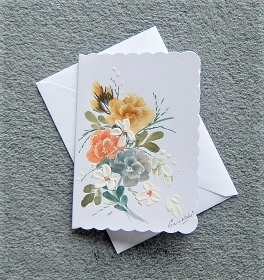 floral greetings card hand painted blank inside ( ref F 247 )