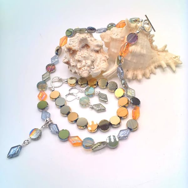 Rainbow Coloured Iridescent Bead Necklace Bracelet and Earrings, Gift for Her