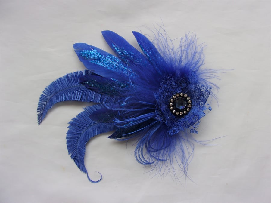 Royal Sapphire Blue Glitter Feather Vintage Style Hair Clip Wedding Accessory