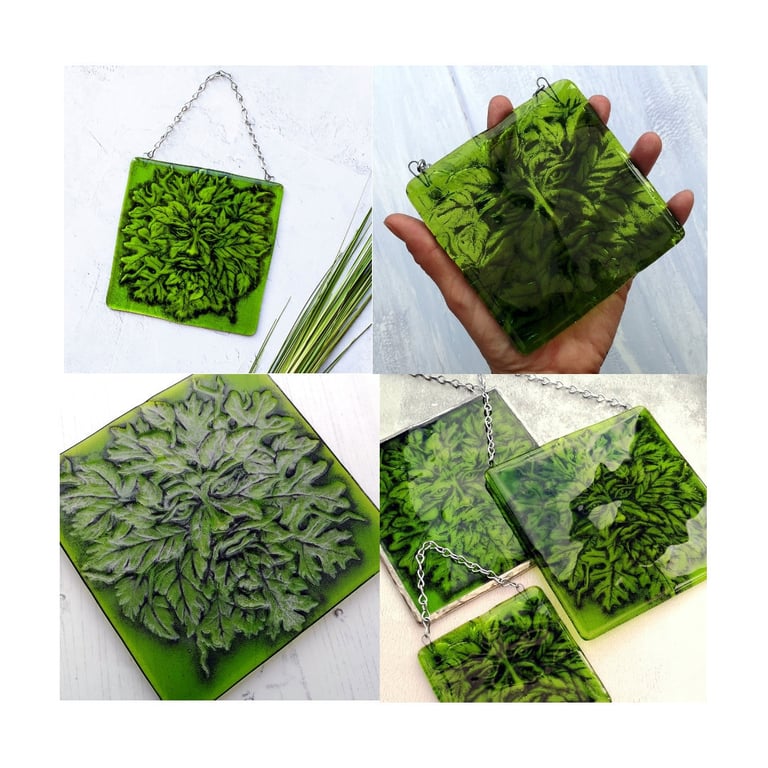 Handmade Fused Glass Greenman Picture - Green Man Hanging Plaque - Sun Catcher