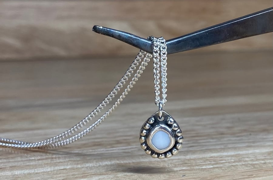 Handmade solid white welsh sea glass & silver pendant & silver chain