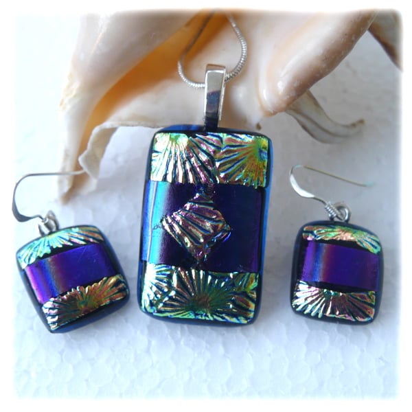 Dichroic Glass 101 Pendant Earring Set Indigo Florentine Silver Plated Chain