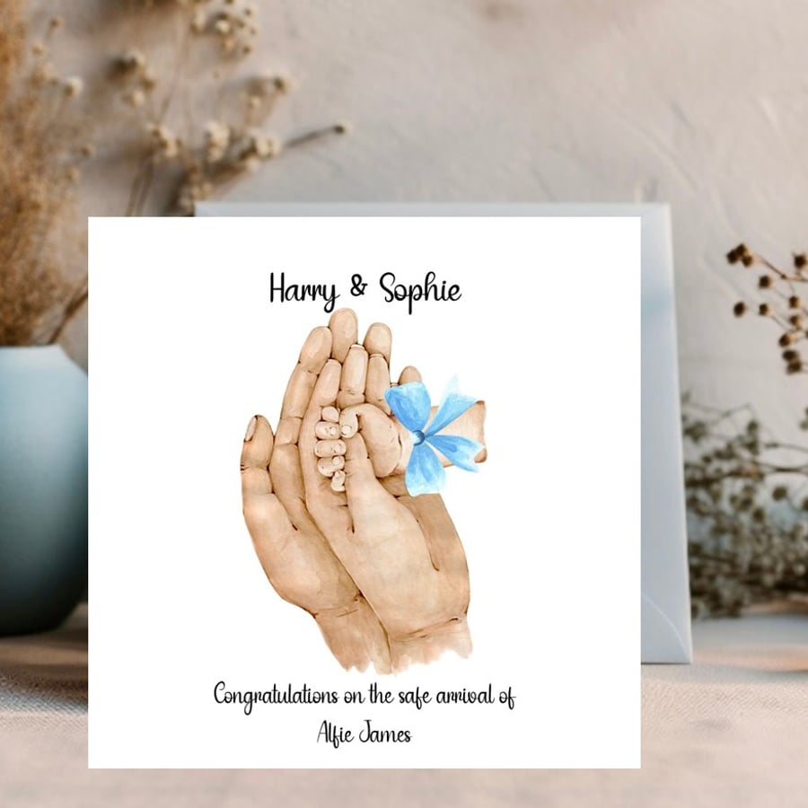 Personalised New Baby Card,  New Baby Boy Card - Adult and Baby hands
