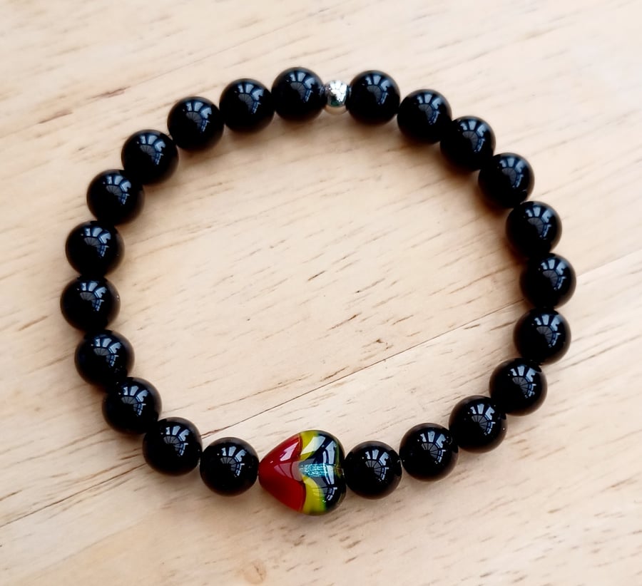 8mm Black Agate Beaded Stretch Bracelet with Unusual Colourful Reversible Heart