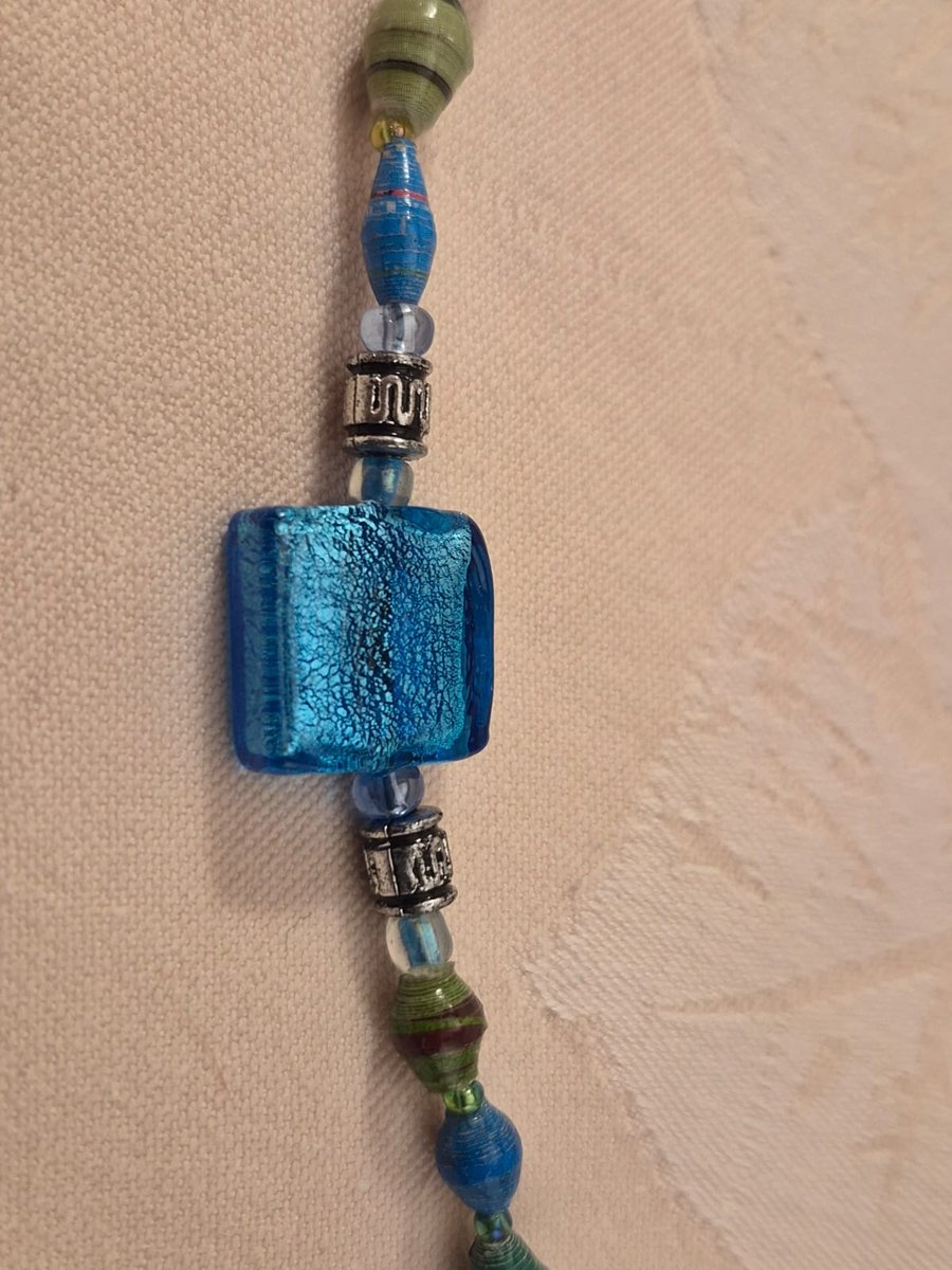 Blue & green paper and glass beaded necklace with blue & silver accent beads