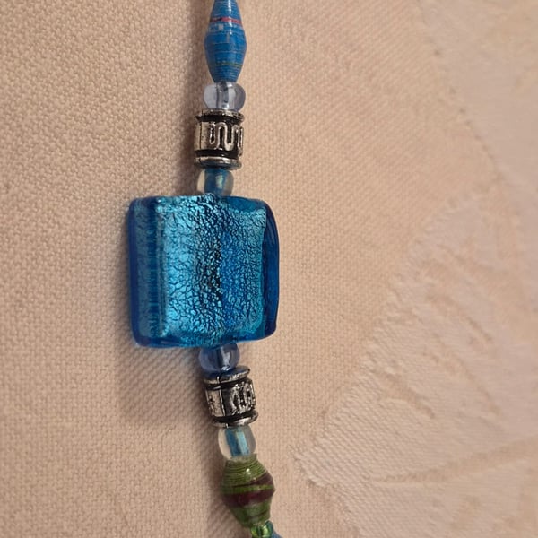 Blue & green paper and glass beaded necklace with blue & silver accent beads
