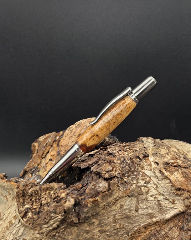 Handcrafted Amboyna Burl Wood Ballpoint Twist pen with Rhodium and Black Finish