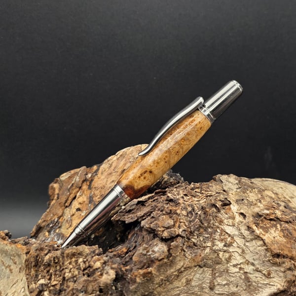 Handcrafted Amboyna Burl Wood Ballpoint Twist pen with Rhodium and Black Finish