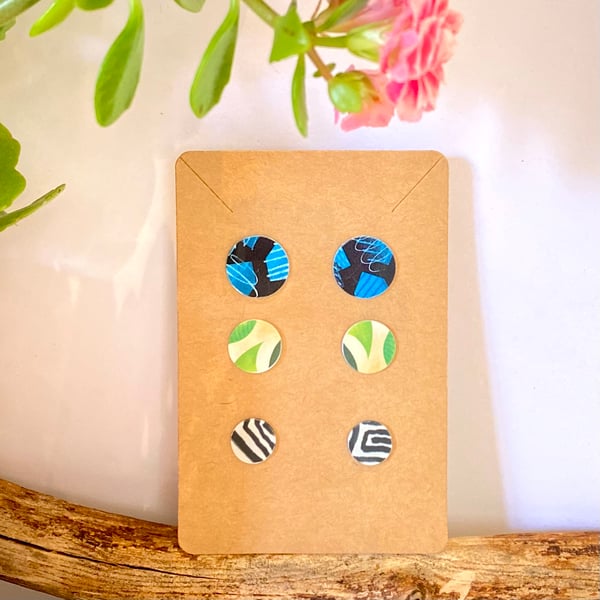 Multicoloured recycled plastic stud earrings - set of 3 pairs - prints