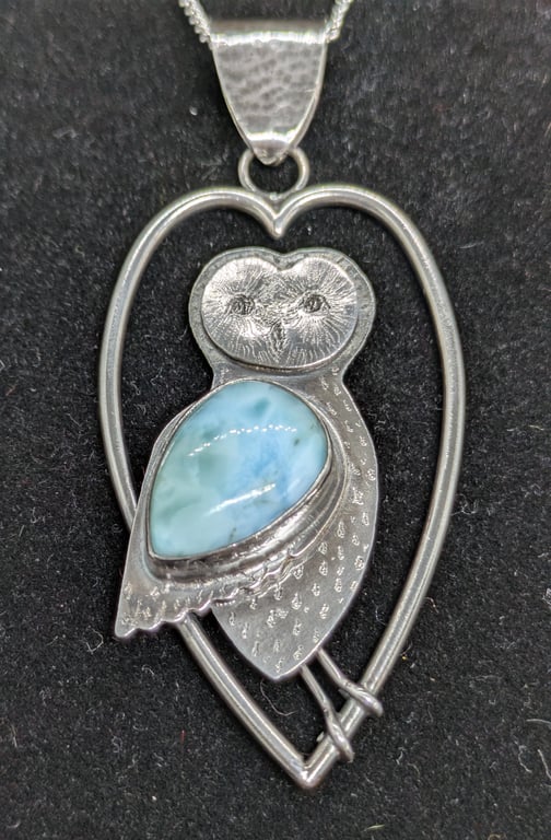 Silver owl pendant, Larimar pendant, Original owl pendant, Unique owl jewellery,