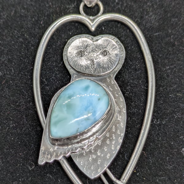 Silver owl pendant, Larimar pendant, Original owl pendant, Unique owl jewellery,