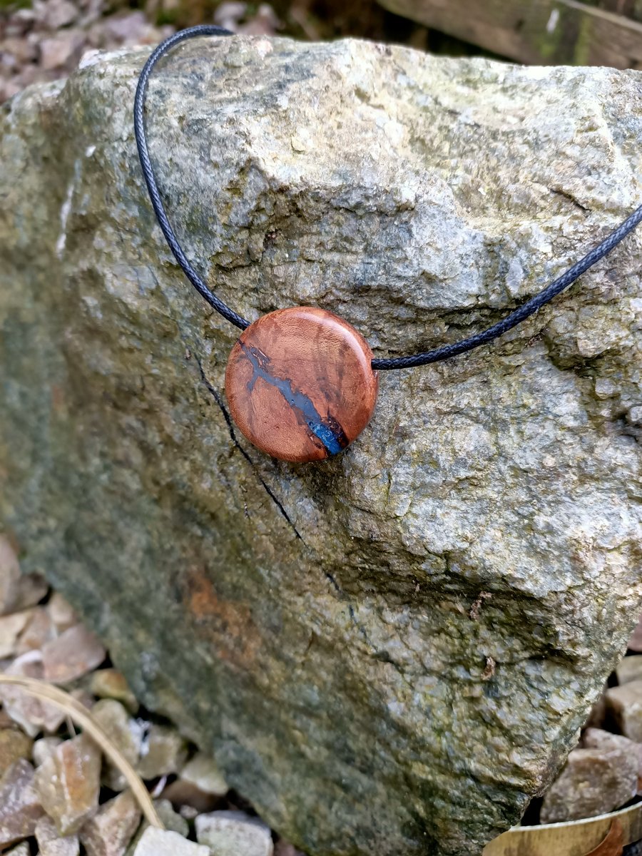 Wooden Elm Burr with electric blue resin pendant jewellery necklace