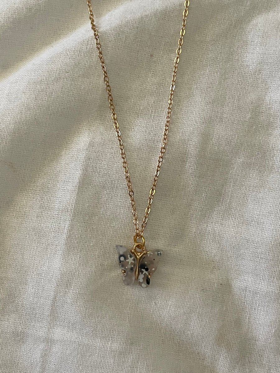Birdie - Grey starry speckled acrylic butterfly necklace 