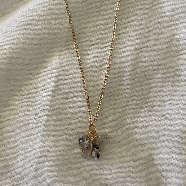 Birdie - Grey starry speckled acrylic butterfly necklace 