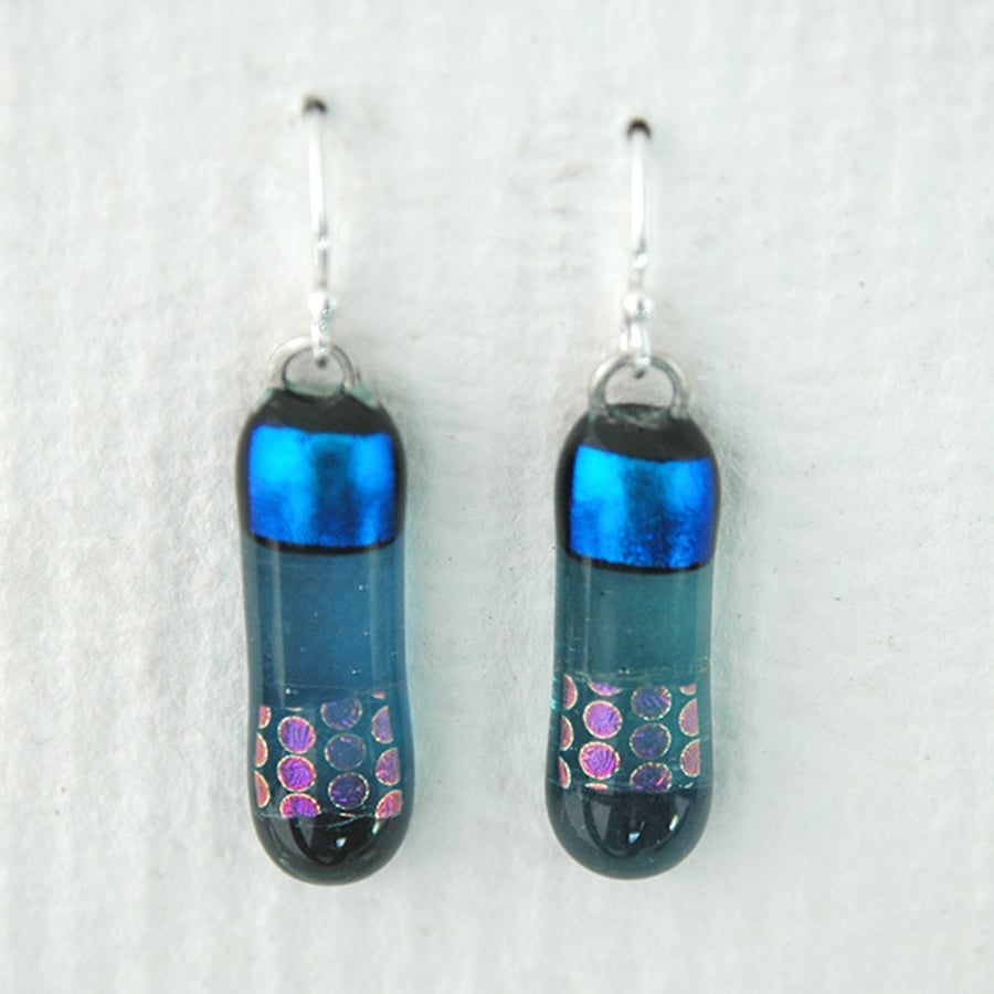 Fused Glass Blue Dichroic Drop Earrings 