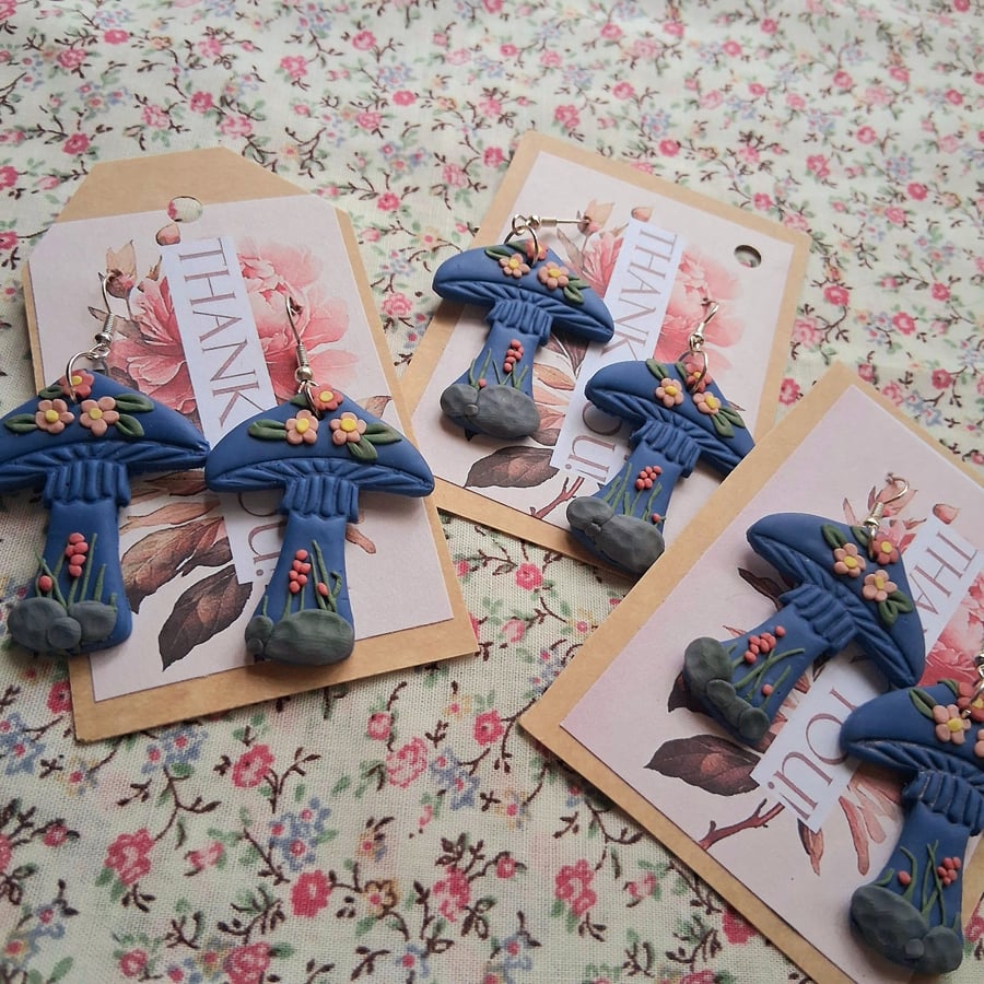 CLEARANCE! polymer clay earrings handmade- reduced-blue floral mushrooms