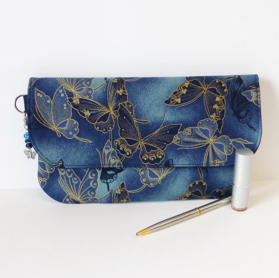 Clutch bag, butterflies, dark blue.