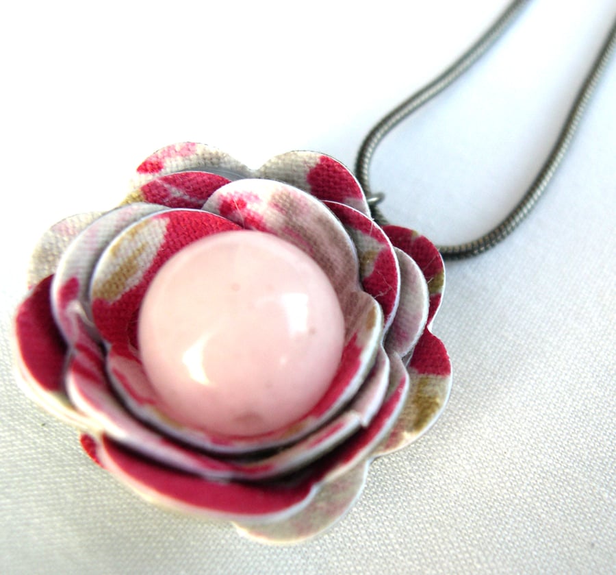Hardened Fabric pink Print Rose Necklace silver plated with rose quartz bead