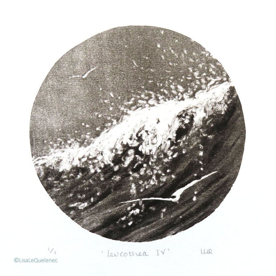 Sea, surf and gliding gulls black and white monoprint coastal beach scene