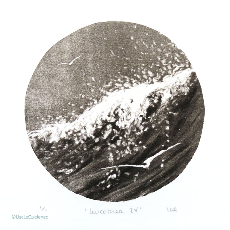 Sea, surf and gliding gulls black and white monoprint coastal beach scene