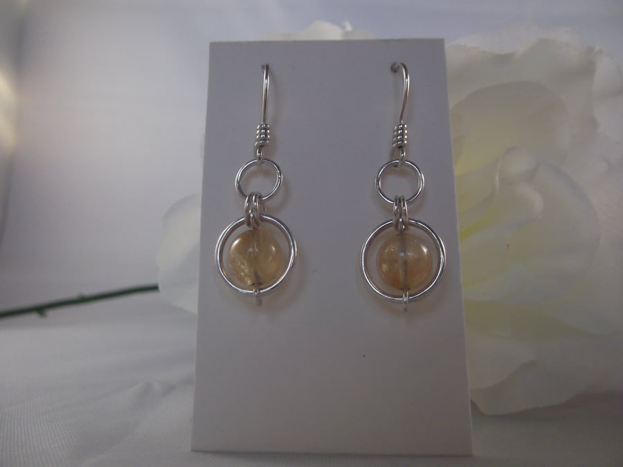 Citrine gemstone dangle earrings silver circles solar plexus November birthstone