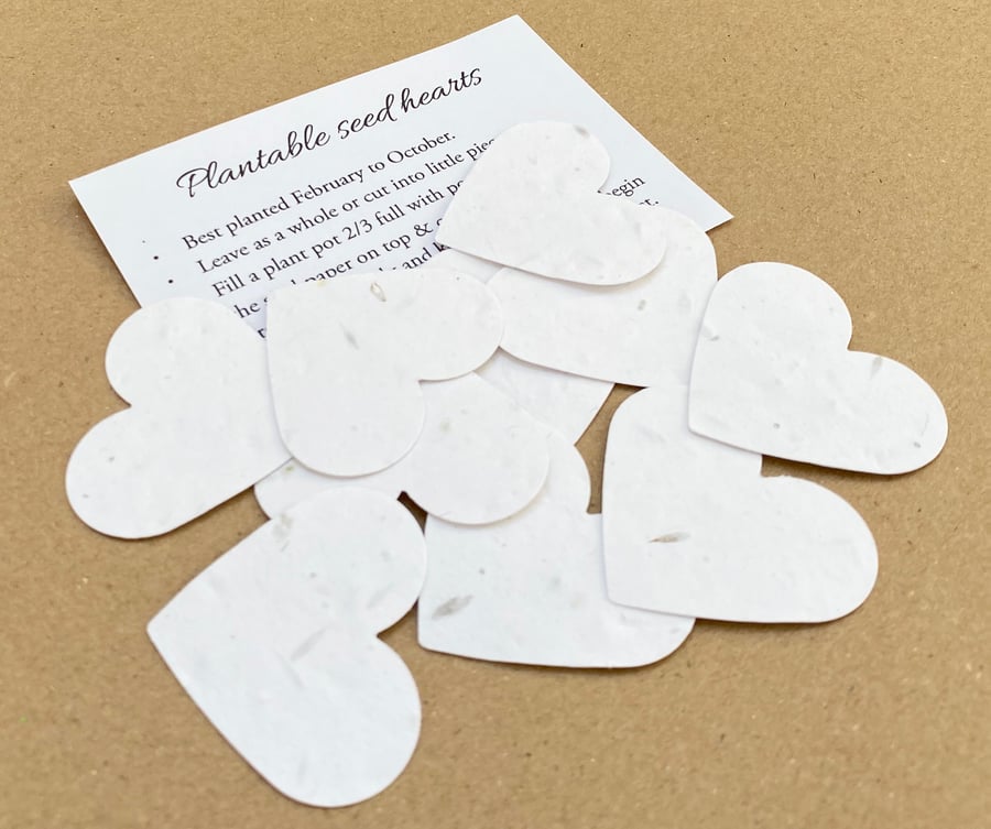 10 White Plantable Seed Hearts and 10 Mini Care Cards -  280gsm - Wedding Decor