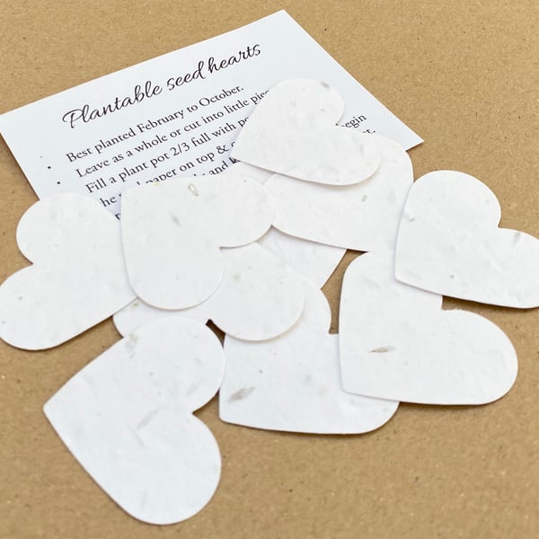 10 White Plantable Seed Hearts and 10 Mini Care Cards -  280gsm - Wedding Decor