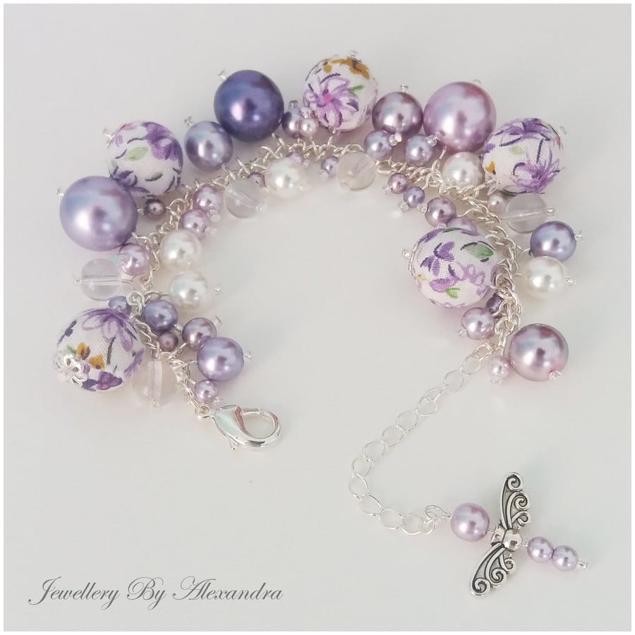 Cluster Bracelet-Lilac and White with Cotton Wrapped Beads and Dragonfly Charm