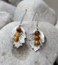 Pewter leaf earrings with tigers eye stones - Image 2