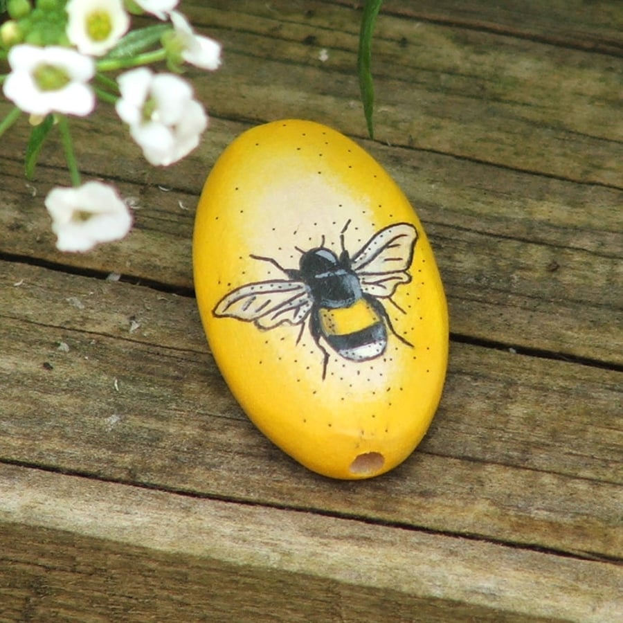 Hand painted wooden focal bead - Bee, 35 x 20mm