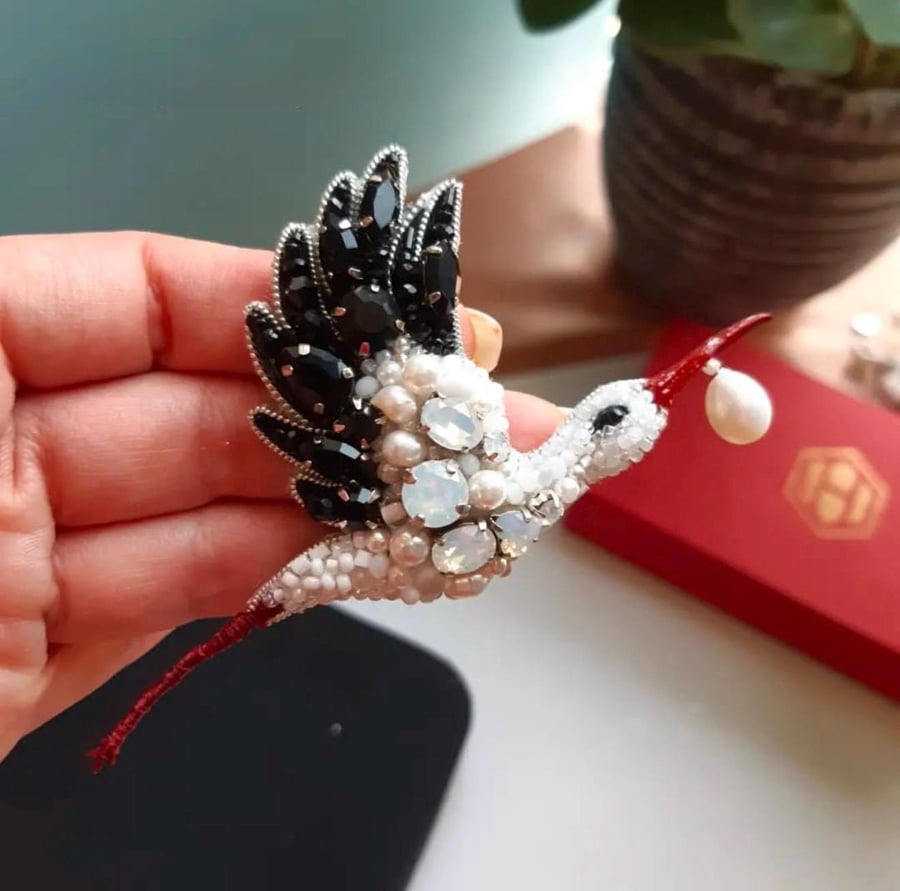 Elegant Beaded Stork Brooch with Pearl Accent, Handmade Gift for Baby Showers, E