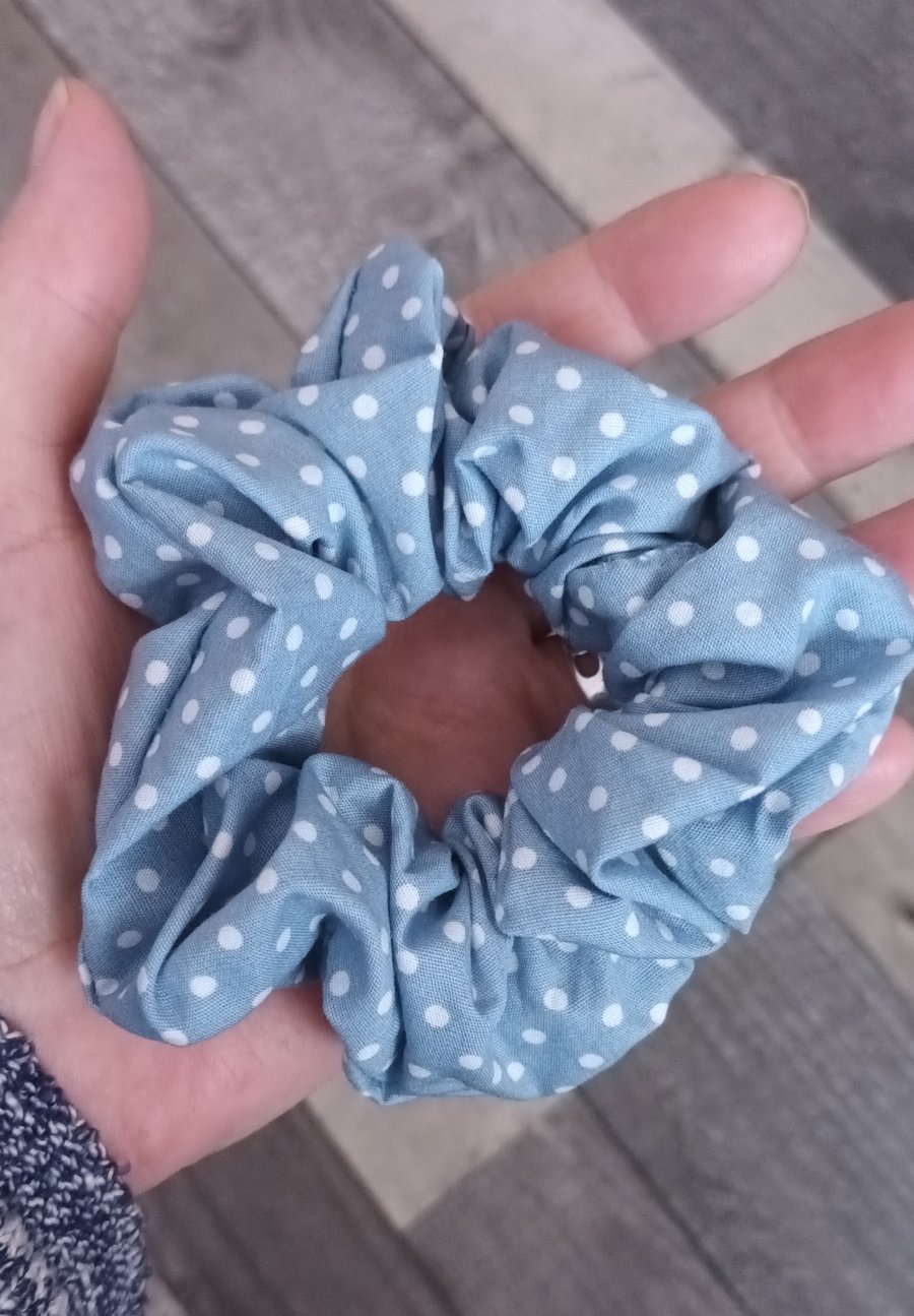 Blue And White Polka Dot Hair Scrunchie. Hair Accessories.