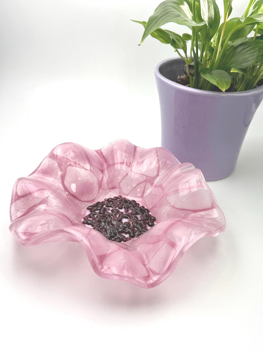 Handcrafted Fused Glass Pink Flower Bowl with Cranberry Centre