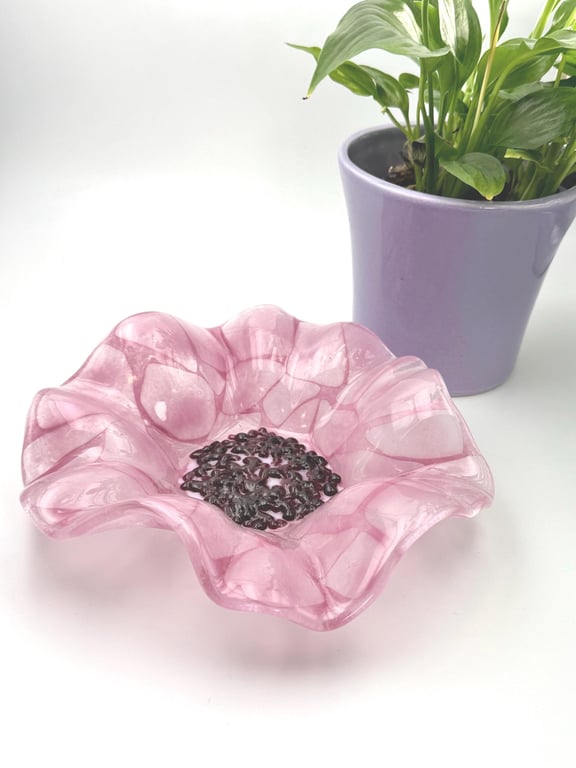 Handcrafted Fused Glass Pink Flower Bowl with Cranberry Centre