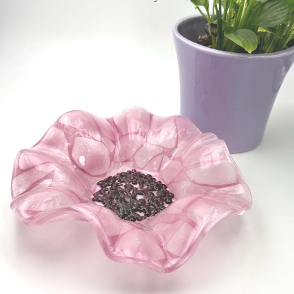 Handcrafted Fused Glass Pink Flower Bowl with Cranberry Centre