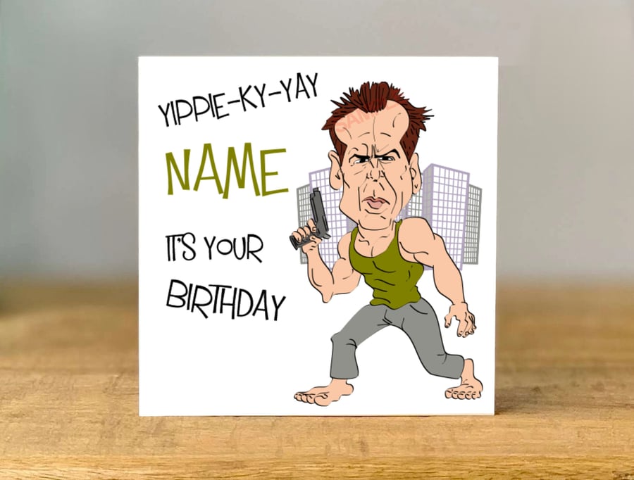 Personalised Bruce Birthday Card, Die Hard Inspired, Movie Fan, Funny, Dad, Mum,