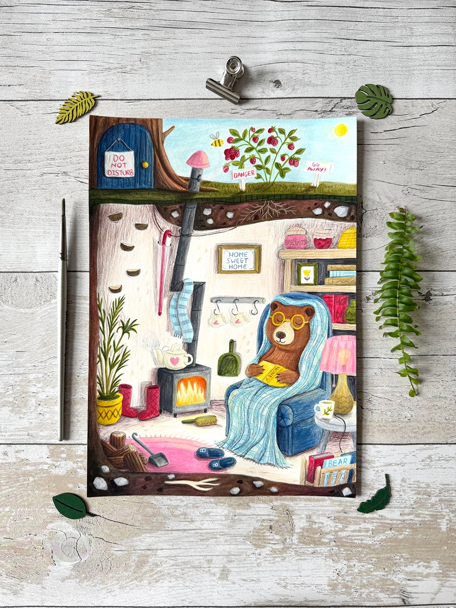 Original Bear Painting - Gouache Painting - One of a kind