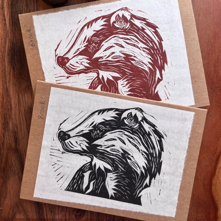 Linocut Badger 'Brock' Card with envelope- available in Black or Sepia tones 