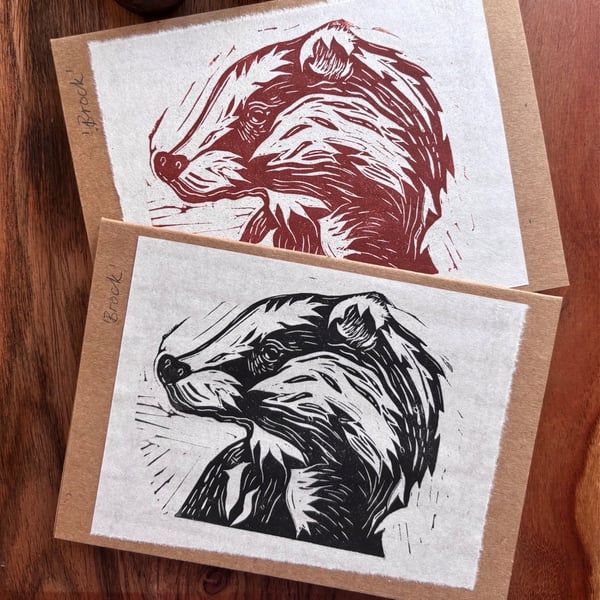 Linocut Badger 'Brock' Card with envelope- available in Black or Sepia tones 