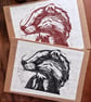 Linocut Badger 'Brock' Card with envelope- available in Black or Sepia tones 